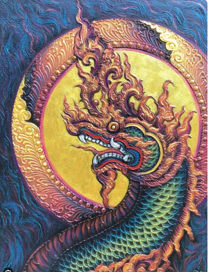 A vivid Thai painting of a naga, the mythical serpent-guardian, coiled before a golden sun